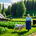 **

"A family-friendly scene in a Russian village, showcasing a small organic farm with diverse crops and livestock, surrounded by lush forests and meadows, fully clothed, appropriate attire, safe for work, perfect anatomy, natural proportions, high quality, professional photography, focus on sustainable agriculture and harmony with nature, bright daylight."

**