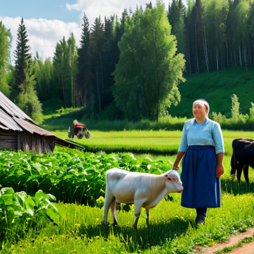 **

"A family-friendly scene in a Russian village, showcasing a small organic farm with diverse crops and livestock, surrounded by lush forests and meadows, fully clothed, appropriate attire, safe for work, perfect anatomy, natural proportions, high quality, professional photography, focus on sustainable agriculture and harmony with nature, bright daylight."

**