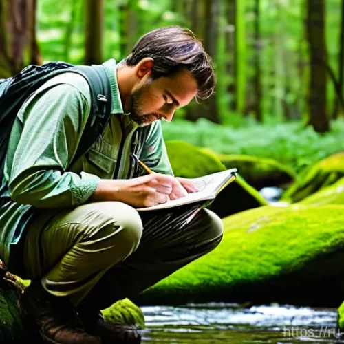 생물다양성 보전 업무일기 작성법 - **Prompt 1: Focused Observation in Nature**
    "A dedicated male naturalist in his late 30s, dresse...