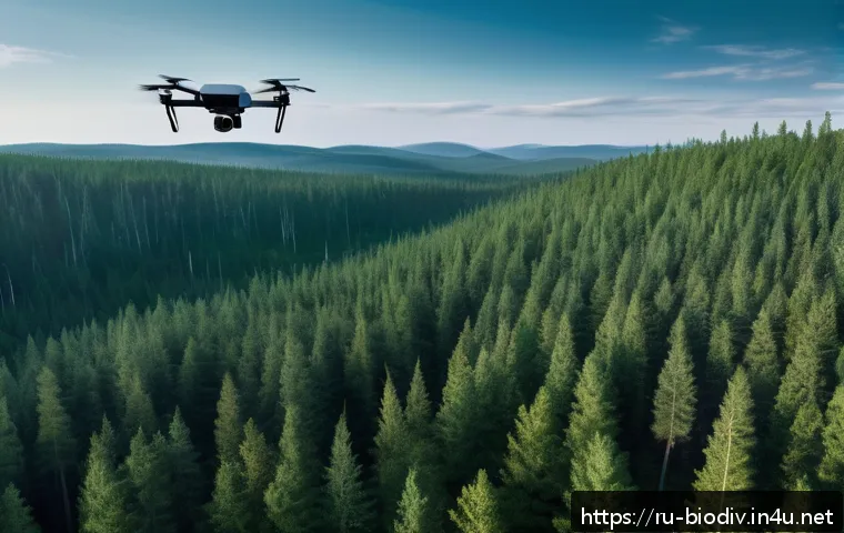 생물다양성 보전 분야 트렌드 분석 - A high-resolution scene depicting a dense Siberian forest monitored by drones and satellites: includ...