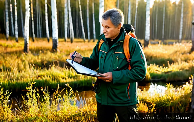 생물다양성 보전 전문가 연봉과 직무 - Photorealistic biodiversity conservation specialist in a Russian nature reserve, middle-aged field s...